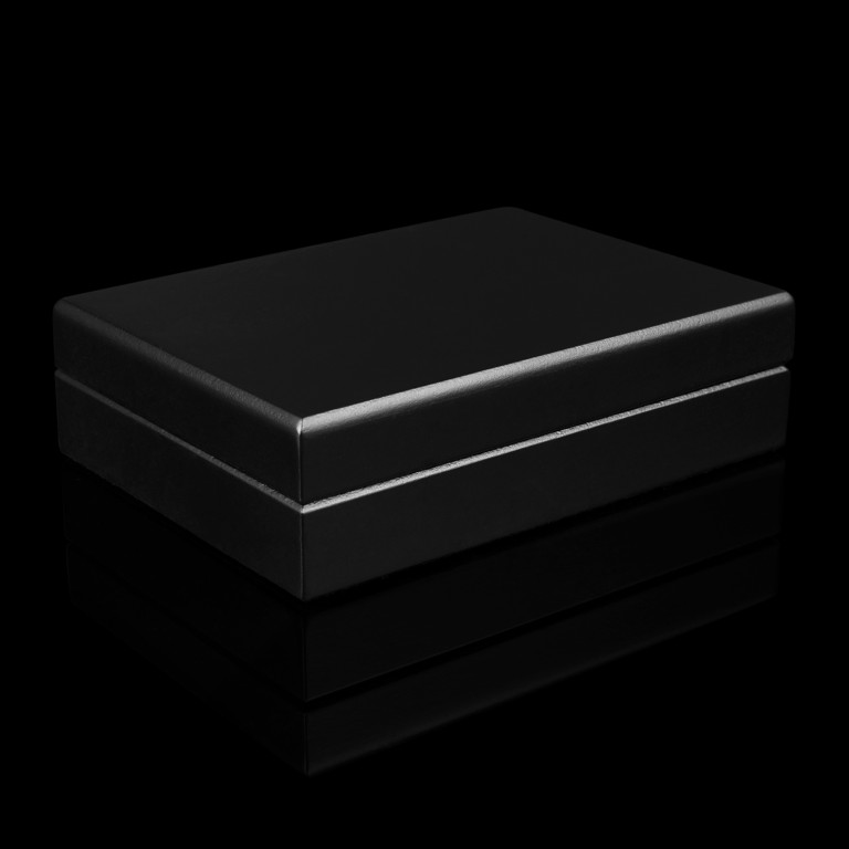 Black wooden gift box for a single gold bar in blister packaging